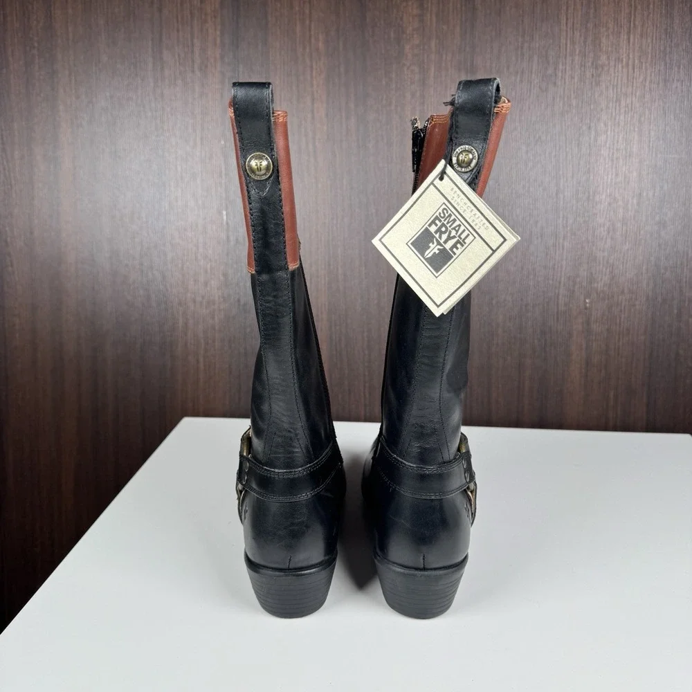 Frye Boots Girls Black Brown Leather Melissa 2 Tone Harness Zip Riding Youth 3.5